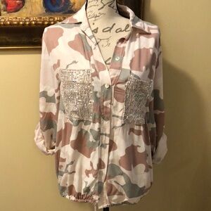 NT Camouflage Sequins Pockets button down roll up sleeve pull tie bottom Jacket